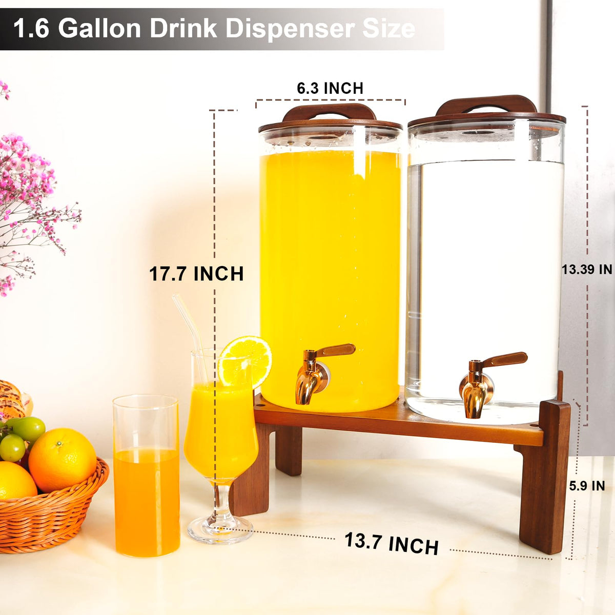 2PCS 1.6 Gallon Drink Dispenser,Glass Water Dispenser with Stand,Beverage Dispenser with Stainless Steel Spigot,Drink Dispensers for Parties,Bars,Restaurants