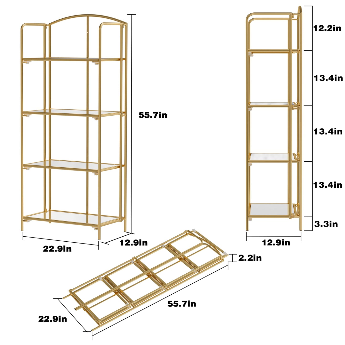 Crofy No Assembly Folding Bookshelf for Living Room, 4 Tier Gold Collapsible Book Shelf for Home Office, Portable Bookcase Storage Organizer
