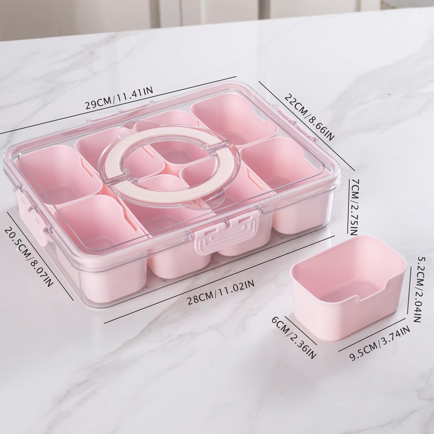 WACOI Divided Snack Serving Tray with Lid and Handle Travel Snackle Charcuterie Container Portable Storage Organizer for Candy, Fruits, Nuts, Snacks, Party, Picnic (1pack, Pink)