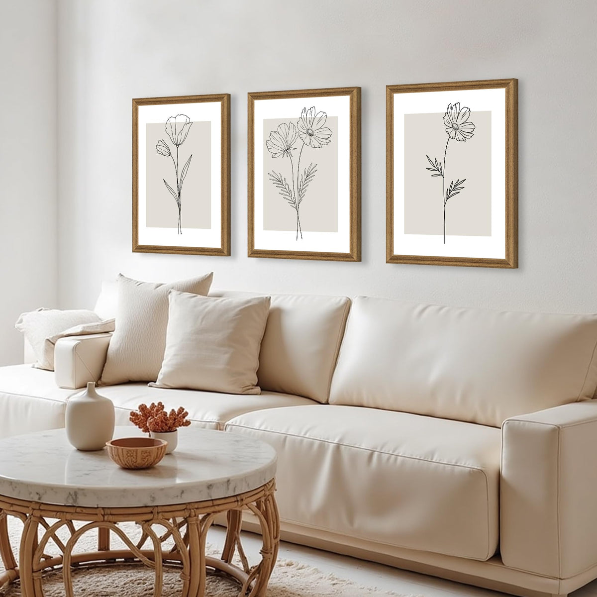 ICHZUMW Neutral Botanical Floral Wall Art, Black and White Farmhouse Flowers Wall Decor, Modern Minimalist Line Art Canvas Prints, Beige Artwork, Living Room Bedroom Home Office, Set of 3, 12x16in