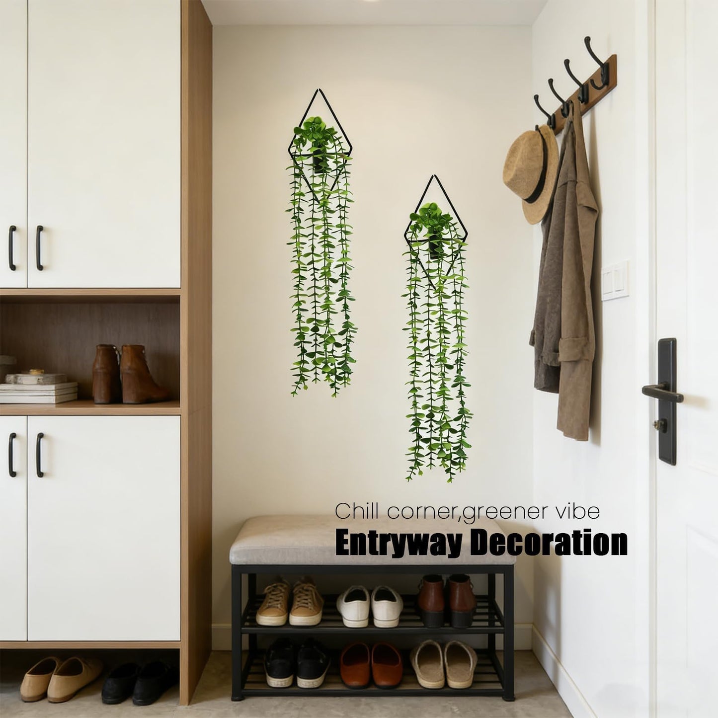 GREENTIME 2 Pack Fake Succulent Plants Hanging Artificial Ivy Vine with Black Diamond Metal Hanging Vase Faux Hanging Eucalyptus for Teacher Appreciation Living Room Bedroom Boho Kitche Wall Shelf
