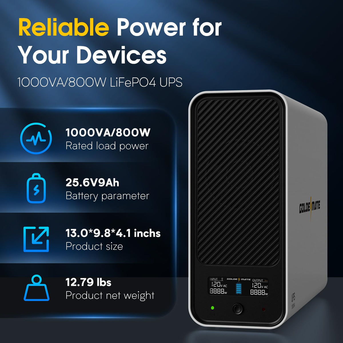 GOLDENMATE 1000VA/800W Lithium UPS Battery Backup and Surge Protector, Backup Battery Power Supply with LiFePO4 Batteries(230.4 Wh), Sinewave UPS System, 10 Years Lifespan, 8 Outlets, LCD Display