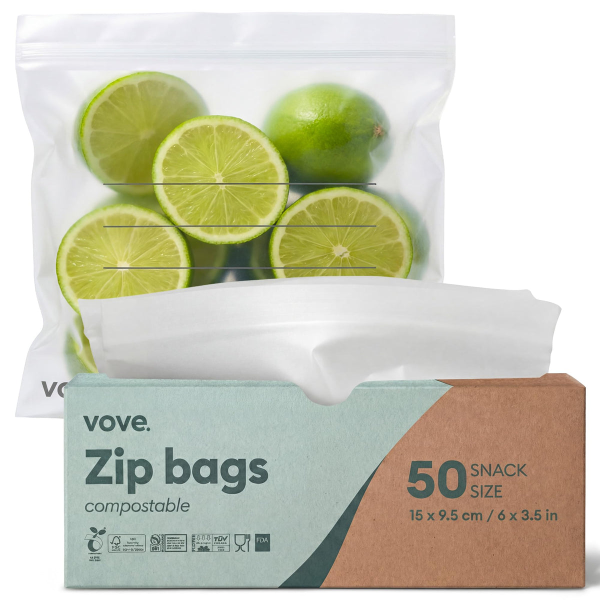 Vove Compostable Snack Bags 50 Ct – PFAS-Free, BPI Certified, Freezer Safe with Airtight Seal for Snacks & School Lunches, Plant-Based
