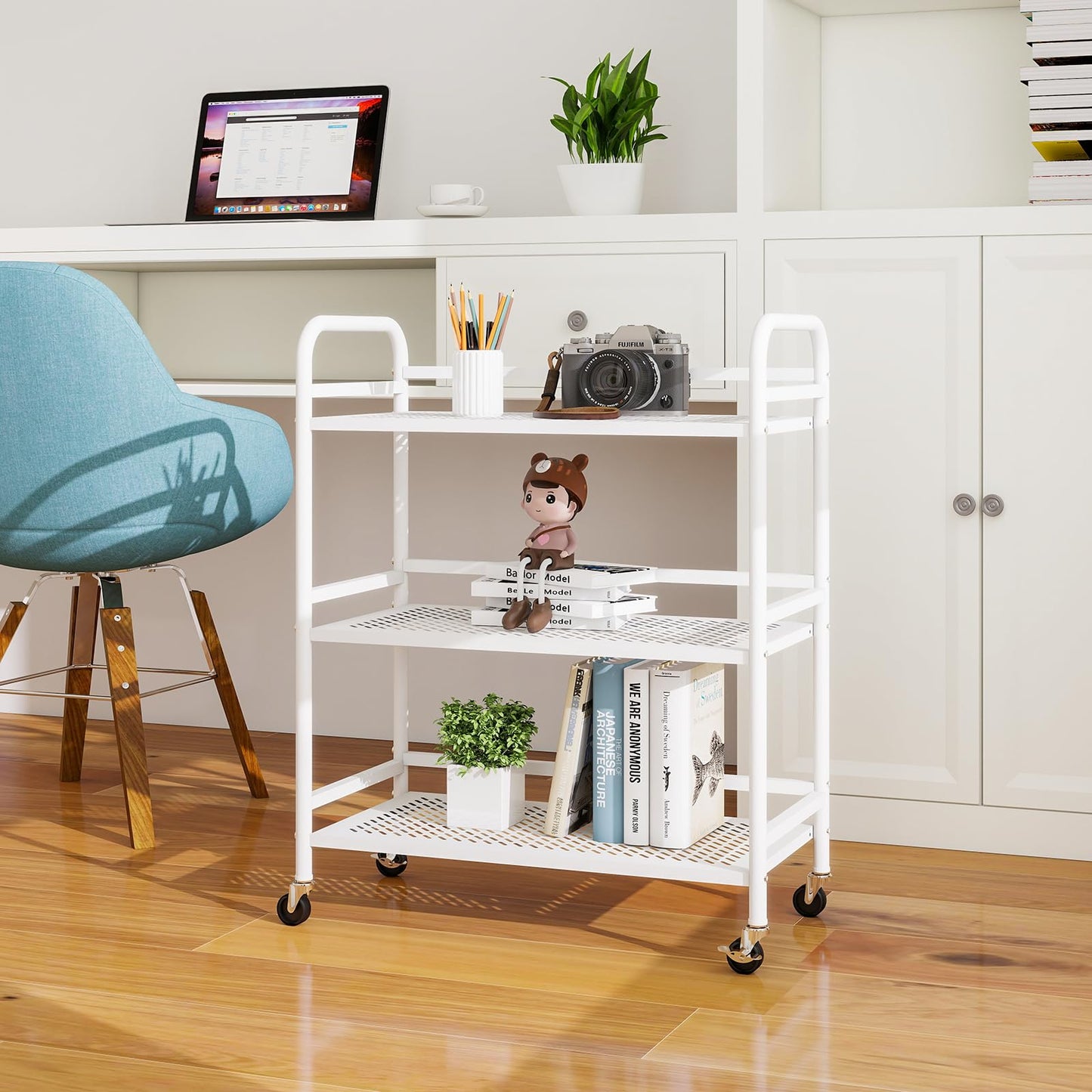 HDANI 3 Tier Metal Rolling Heavy Cart Supports 40 Lbs Per Tier,Mesh Rolling Cart with 2 Lockable Wheels for Office,Home,Bedroom,Kitchen,Bathroom(White)