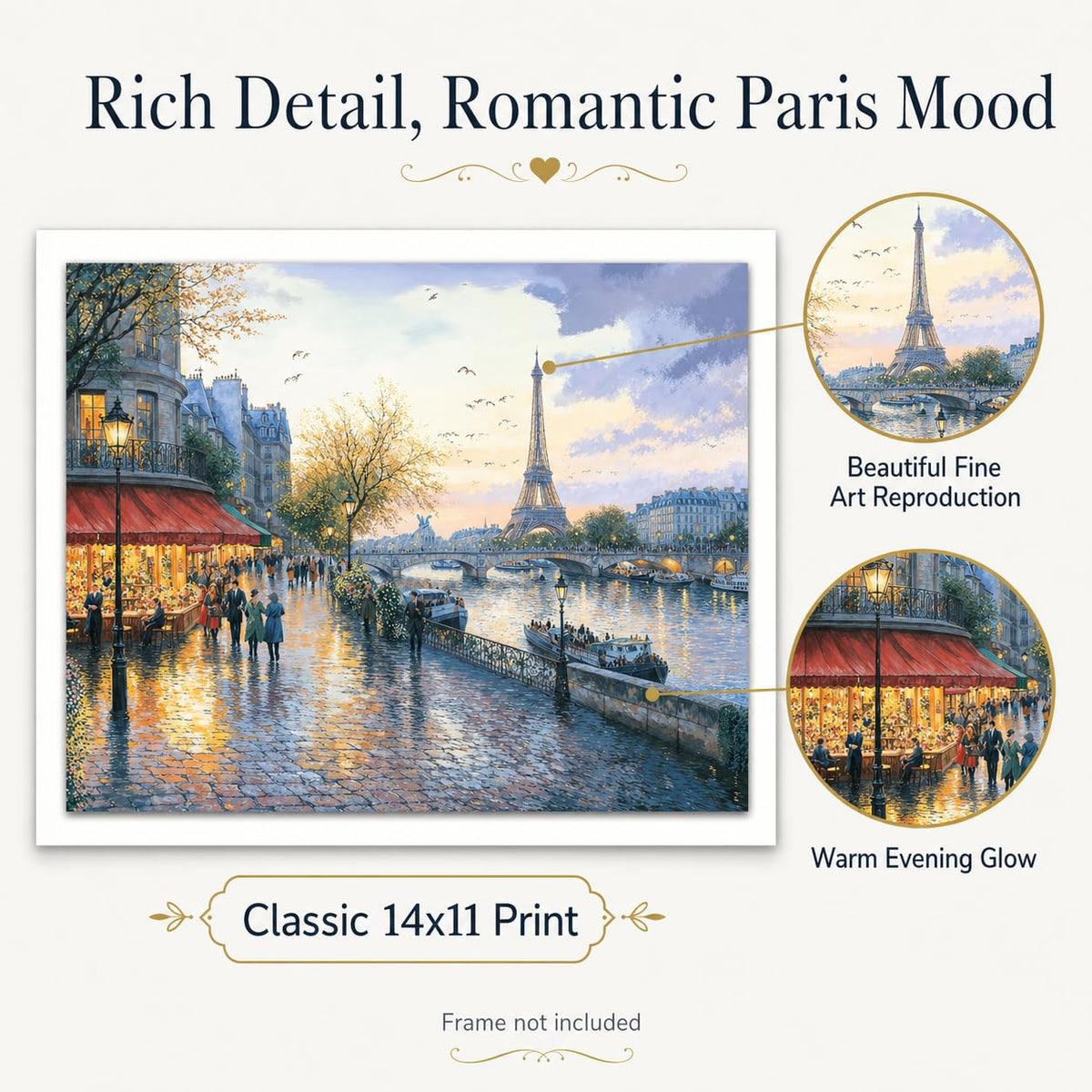 Evening Stroll In Paris: Eiffel Tower And Seine River Cityscape 11x14 Unframed Poster-Romantic French Sunset Painting, Scenic Street Scene, Cobblestone Street, Boat Scene, Parisian Cafe, Dusk Wall Art