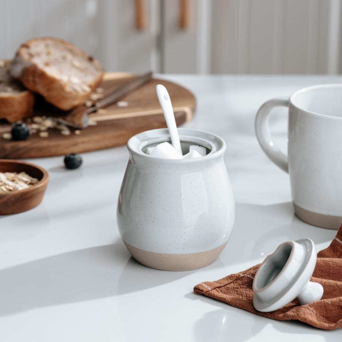 famiware Milkyway Sugar Bowl with Lid and Spoon, 10oz Ceramic Sugar Jar/Pot/Dispenser for Salt, Condiments, Spice, Seasonings, Sugar Container for Coffee Bar, Home, Kitchen, and Countertop, Light Gray