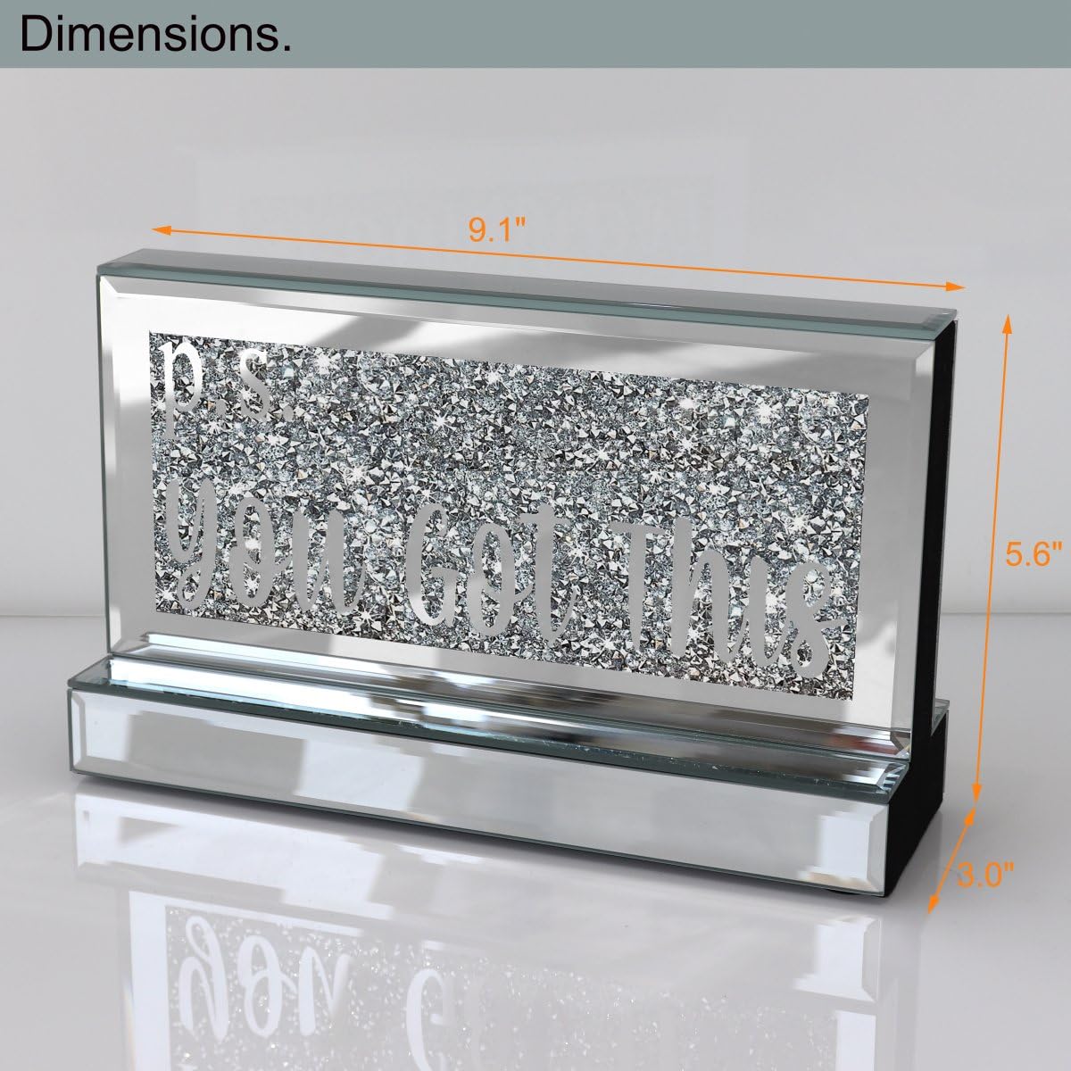 Silver Mirror Crystal Diamond Home Office Desk Art Decor, Daily Inspirational Office Supplies Sign and Reminder-Everything is Figureoutable & P.S. You Got This-9.1×5.1×3Inches