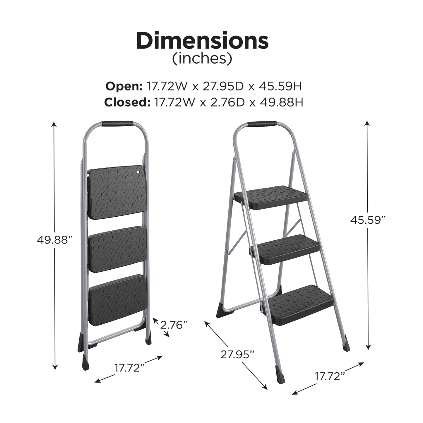 Cosco 11408PBL1E Three Step Big Step Folding Step Stool with Rubber Hand Grip, Grey