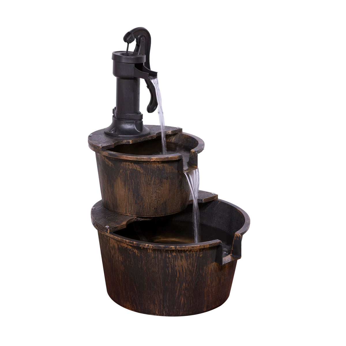 Alpine Corporation 27" Tall Rustic Outdoor 2-Tier Barrel Pump Water Fountain with Soothing Cascading Water Flow for Patio, Yard, Porch, or Landscape, Bronze