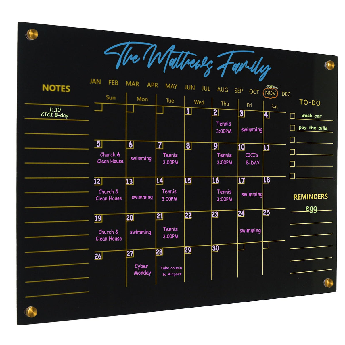 Black Acrylic Calendar Dry Erase for Wall, Family Planner, Monthly Calendar Dry Erase Whiteboard for Home, Office, 17" x 13"Reusable White Board(Acrylic-BK-3343)