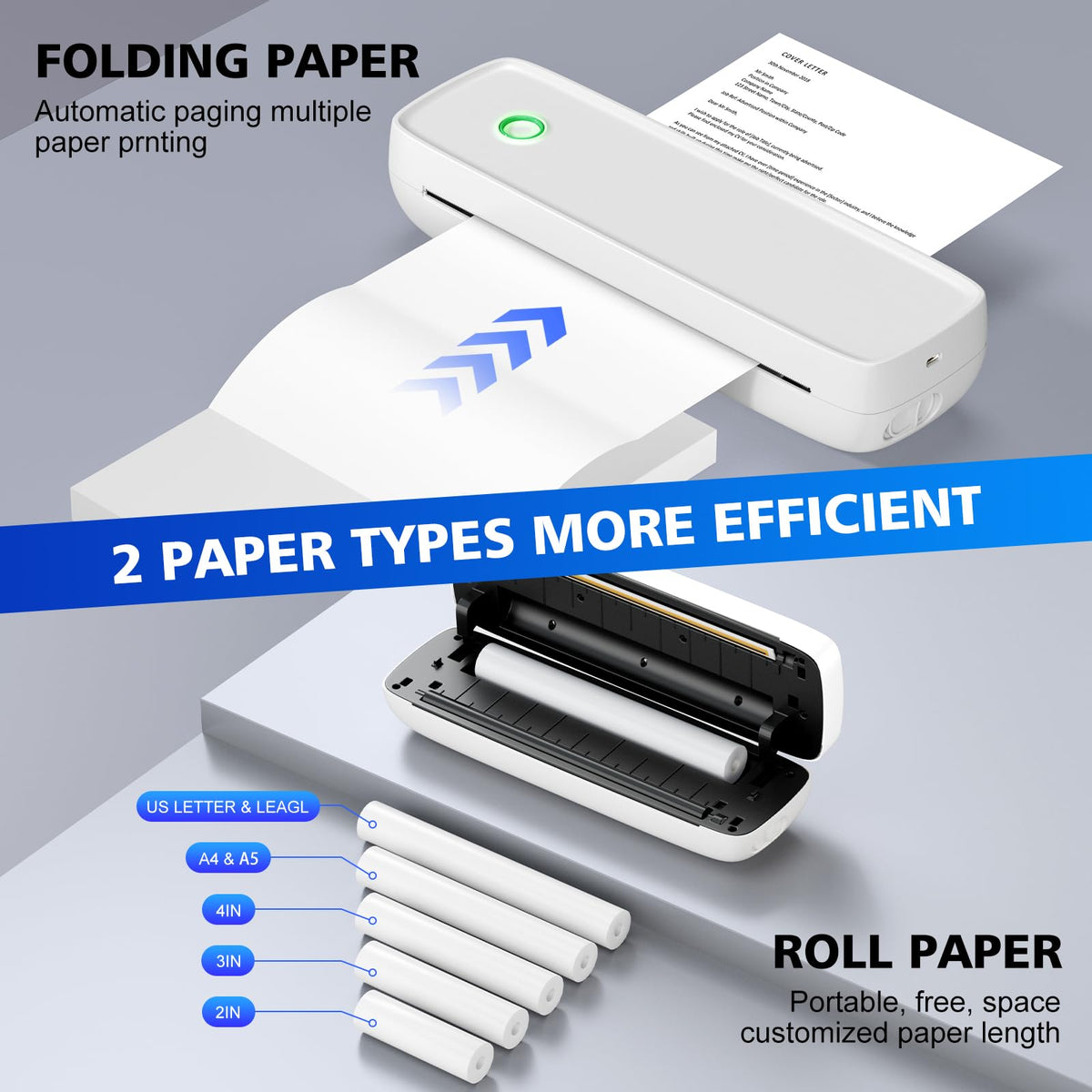 MinZhi Inkless Portable Printer for Travel, Wireless Printer Supports 8.5 x 11 Inch Thermal Paper, Bluetooth Machine Includes 3 Rolls of Thermal Paper Set