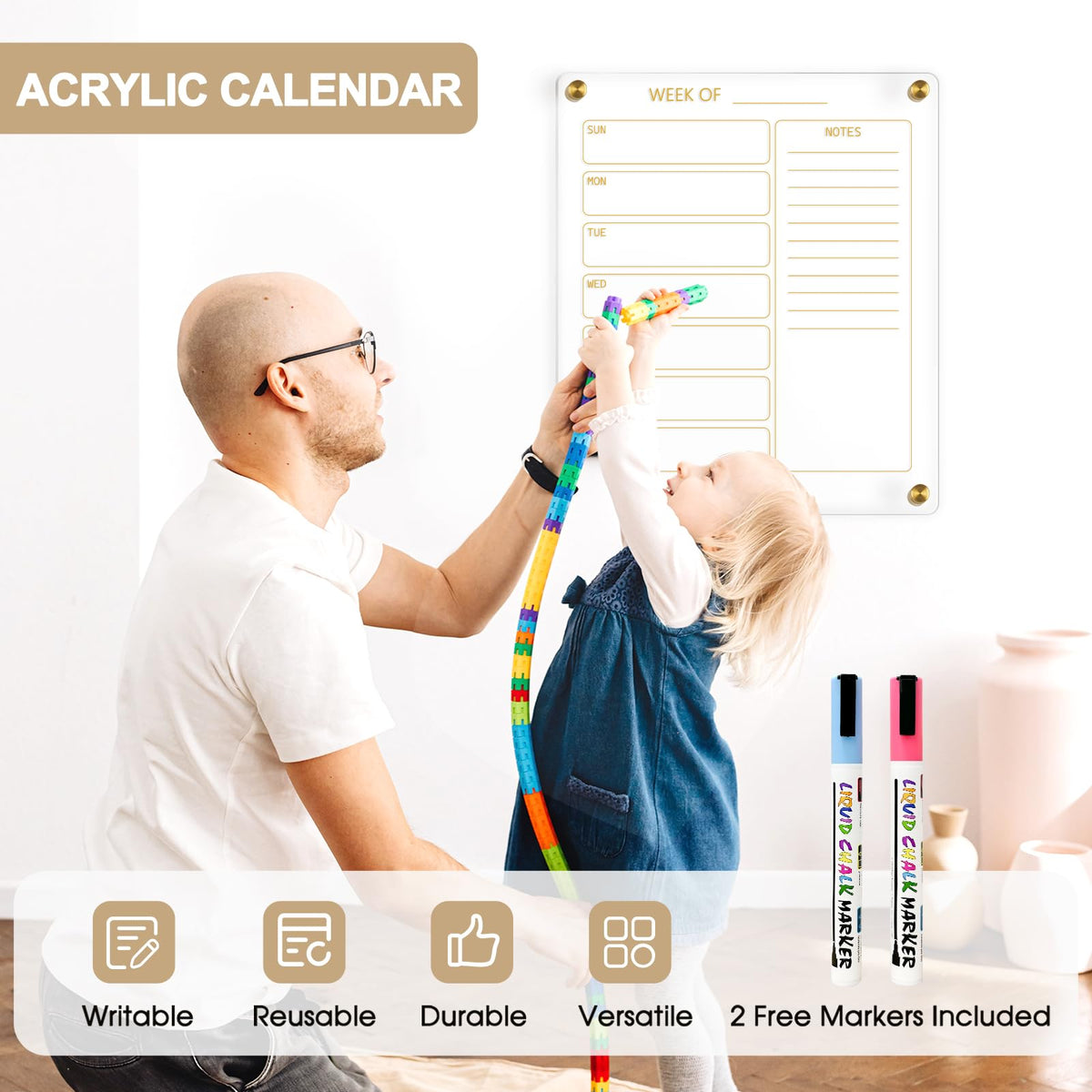 AMUSIGHT Small Acrylic Calendar for Wall, 12" X 14" Golden Clear Acrylic Wall Calendar, Clear Wet & Dry Erase Board Hanging Frameless Weekly Planner for Office, Home or School, 2 Markers