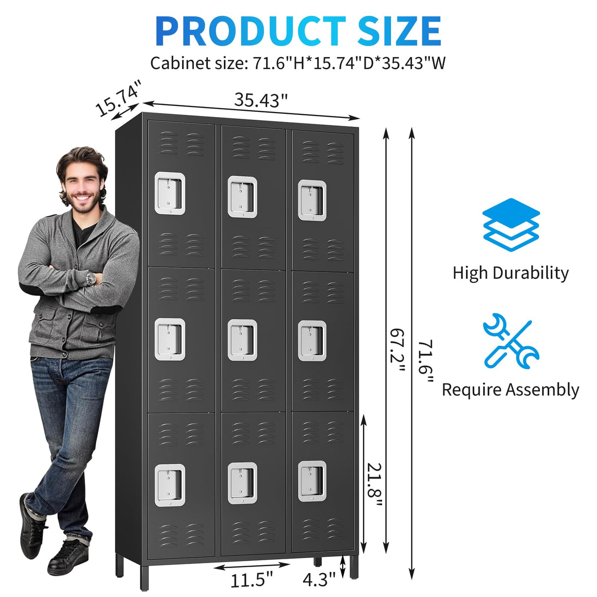 9 Door Locker Cabinet, Metal Lockers for Employees, Lockers Cabinet with 27 Hooks, Industrial Locking Cabinets with Ventilation Holes for Office, School, Gym, Warehouse, Easy Assembly, Black