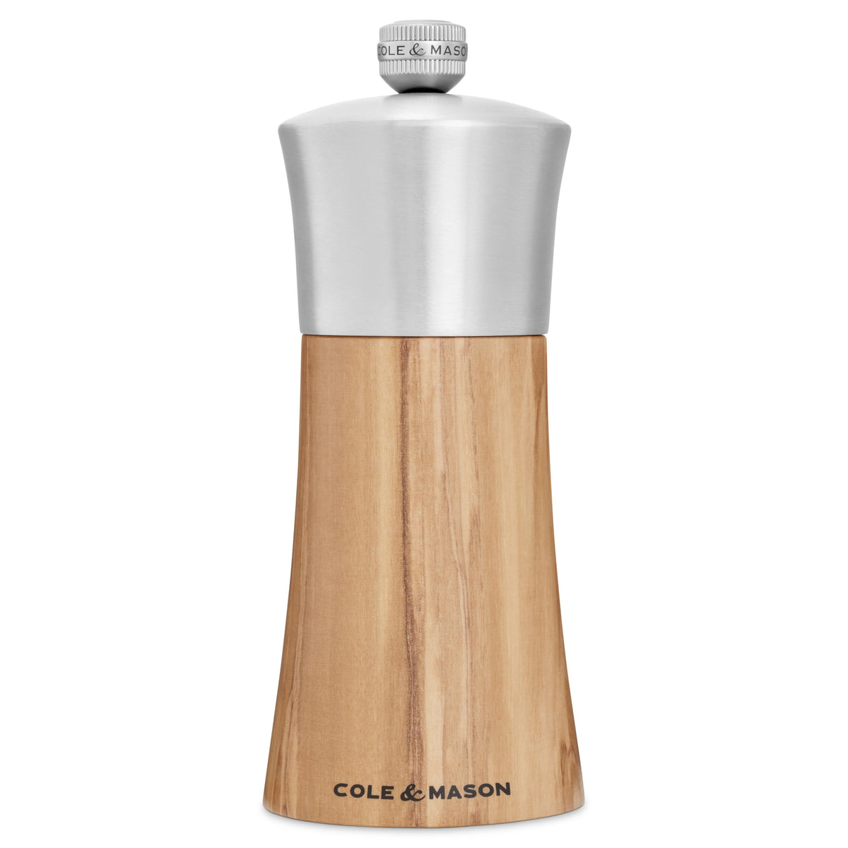 Cole & Mason Bromley Salt Mill, Ceramic Mechanism with Adjustable Coarseness, Olive Wood/Stainless Steel Salt Grinder, 150mm