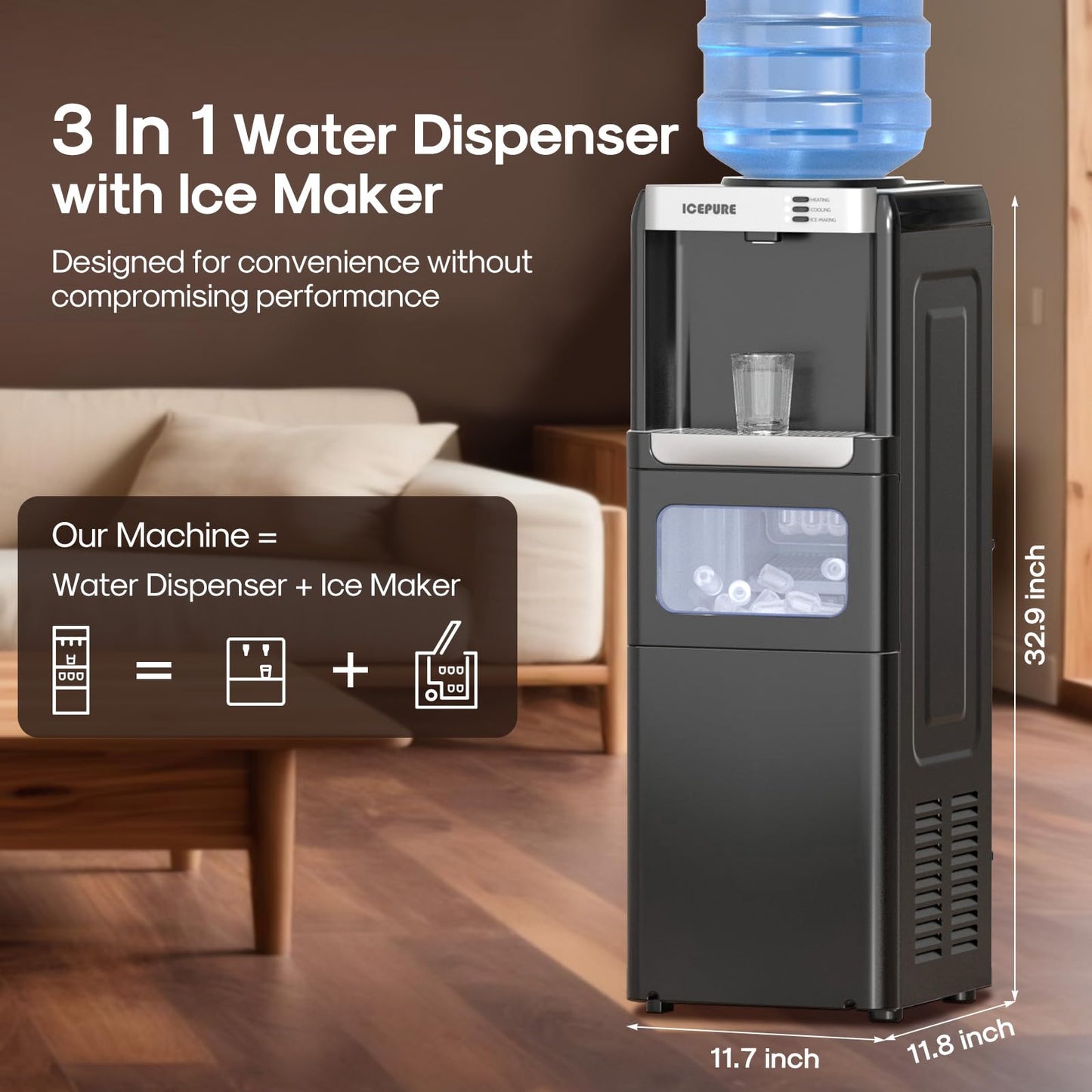 ICEPURE 3-in-1 Water Dispenser with Built-in Ice Maker, Water Cooler Dispenser for 5 Gallon Bottle Top Loading, Hot and Cold Water Dispenser with Child Lock for Home and Office, 33lbs/24H