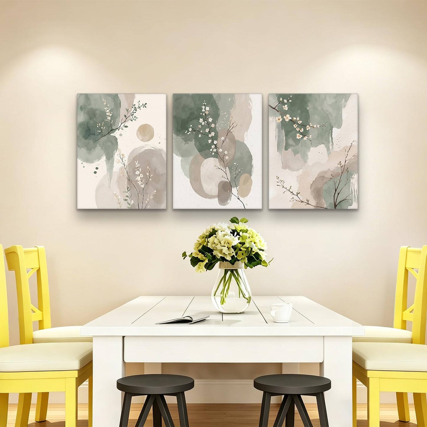 Framed canvas floral wall art neutral colors hazy feel botanical print poster gallery style painting print for living room bedroom bathroom office 16x24 inch 3-piece set.