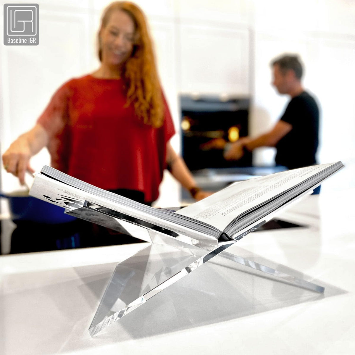 Baseline IGR Large Clear Acrylic Book Stand, 12.5" x 9.5" x 5.5”, Acrylic Book Holder, Open Bookstand for Display and Reading Cookbooks, Art Books, Bibles, Magazines - Home and Office