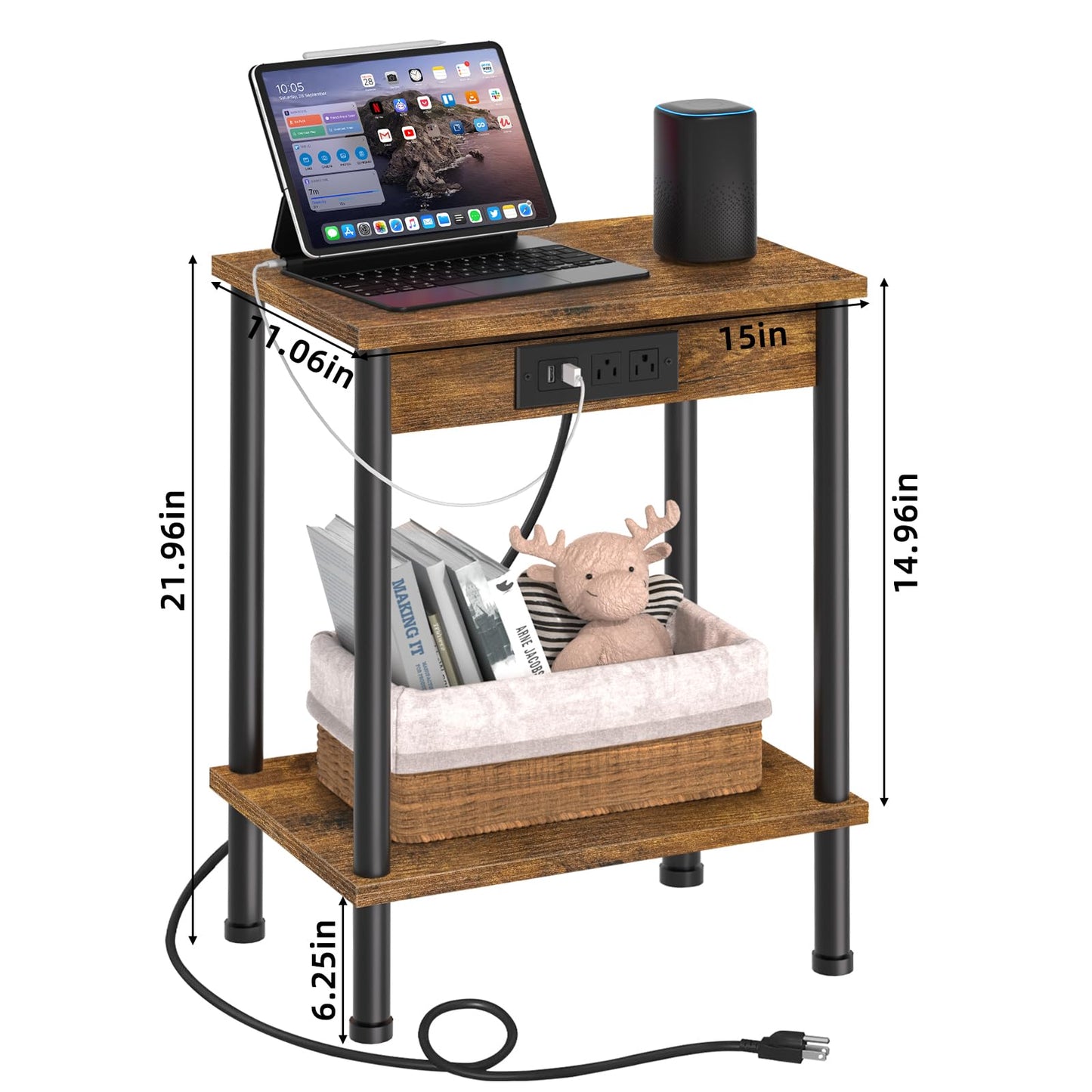 YUFAM End Table with Charging Station,Small Side Table,2-Tier Nightstand with Storage Shelf,Sofa Bedside Table for Small Spaces in Living Room,Bedroom,Office,Easy Assembly,Rustic Brown