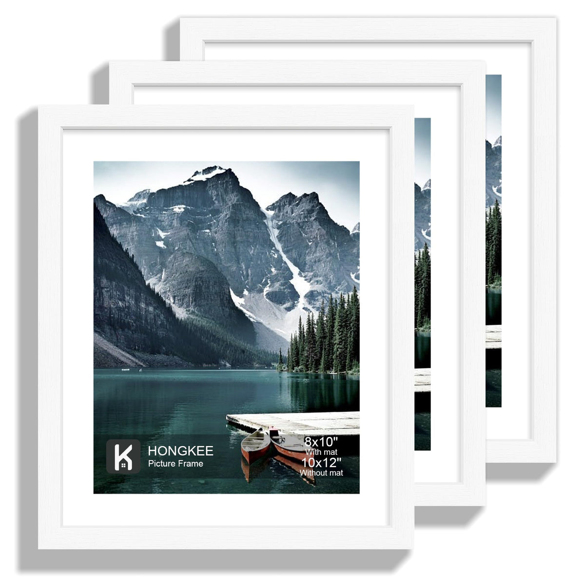 Hongkee 10x12 Picture Frame with Real Glass - Display Pictures 8x10 with Mat or 10 x 12 without Mat, Photo Frame for Wall or Table Top Display(White, 3 Pack)