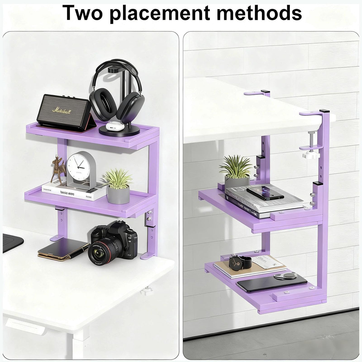 OUTIOE 2-Tier Desk Shelf, Expandable Under Desk Storage, Clamp on Desk Shelf, Desktop Accessories for Offices, Study Rooms, and Game Rooms (Purple)