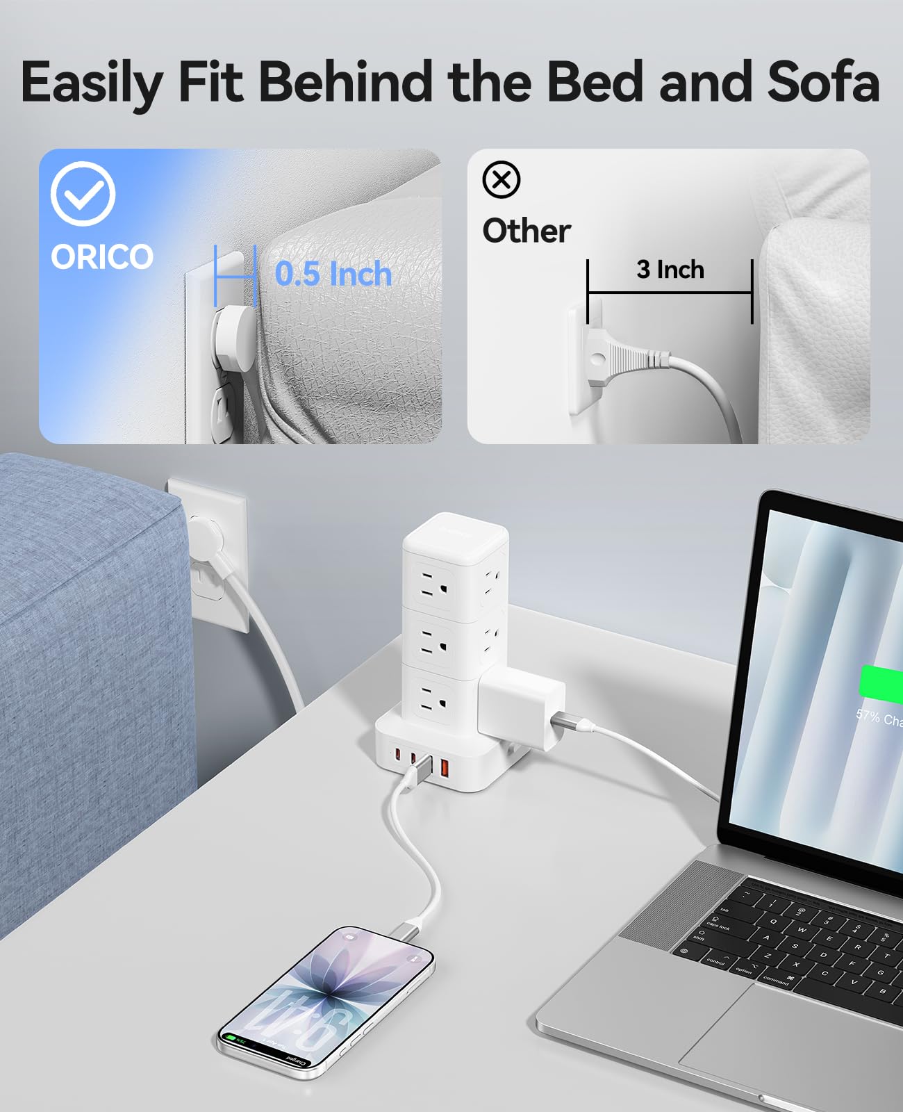 ORICO Tower Power Strip with Surge Protection, Charging Station Tower with 12 AC Outlets 4 USB Ports (2 USB C), Space Saving Design, 5FT Tower Extension Cord for Home, Office, Dorm - TPP20