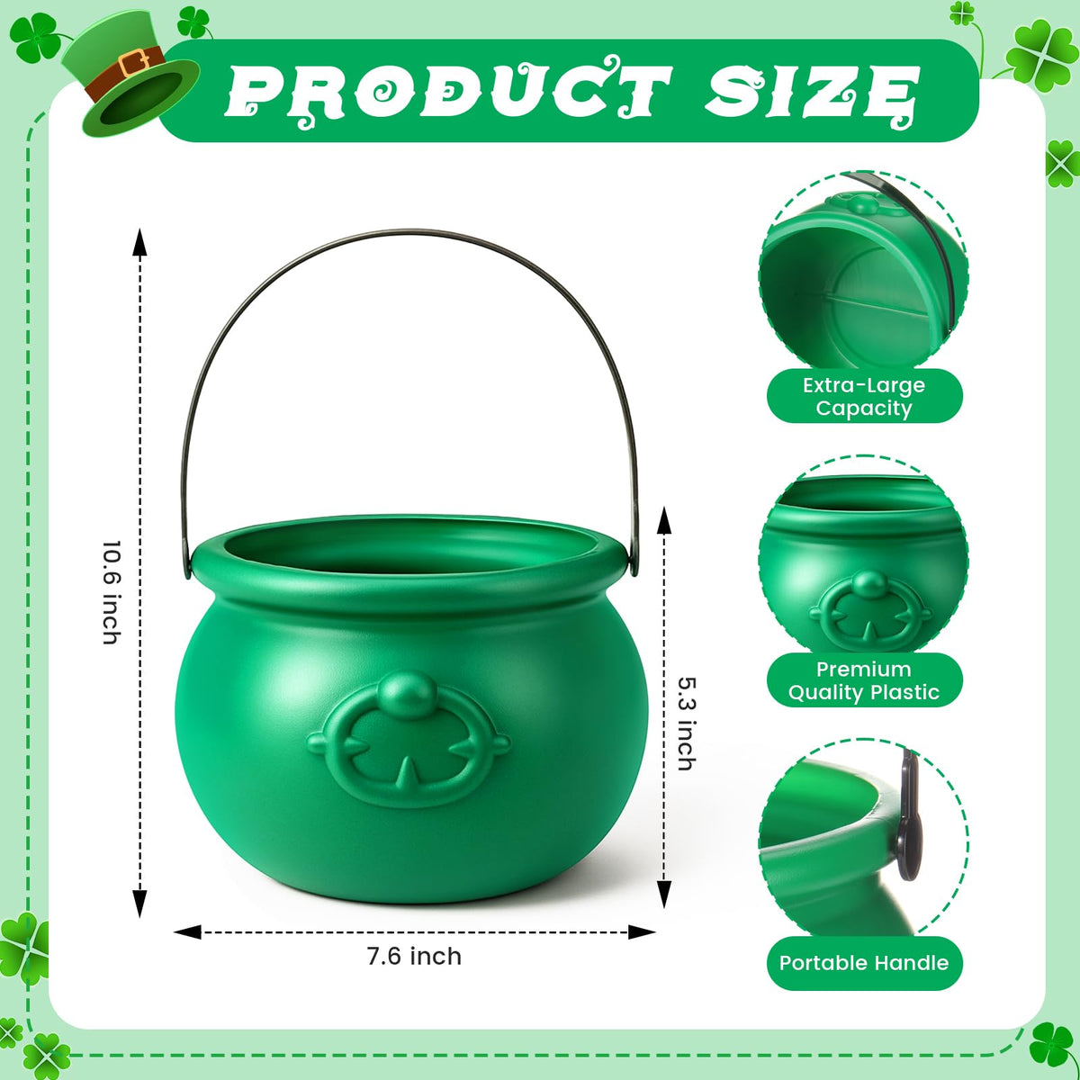 Soulchen 7.6" St Patricks Day Cauldron Plastic Pot of Gold Bucket Cauldron Kettle Leprechaun Irish Party Decoration Favors Supplies for Coins Candy(Green)