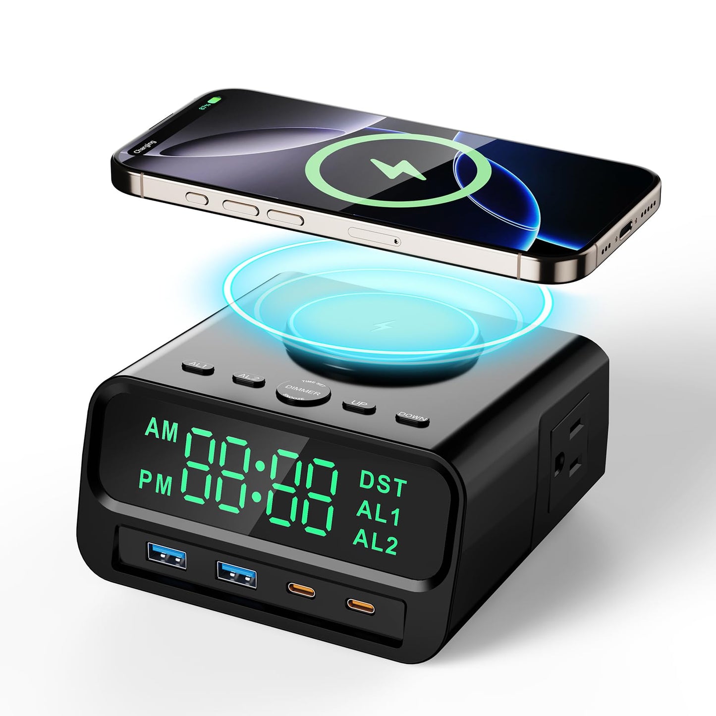 Kungfuking Digital Alarm Clock with Magsafe Wireless Charging 15W for Bedroom, Nightstand Dorm Room Hotel Clock, 4 USB A&C 55W Fast Charging, 2 AC Outlets, Dual Alarm Clock, Snooze, Dimmable, DST