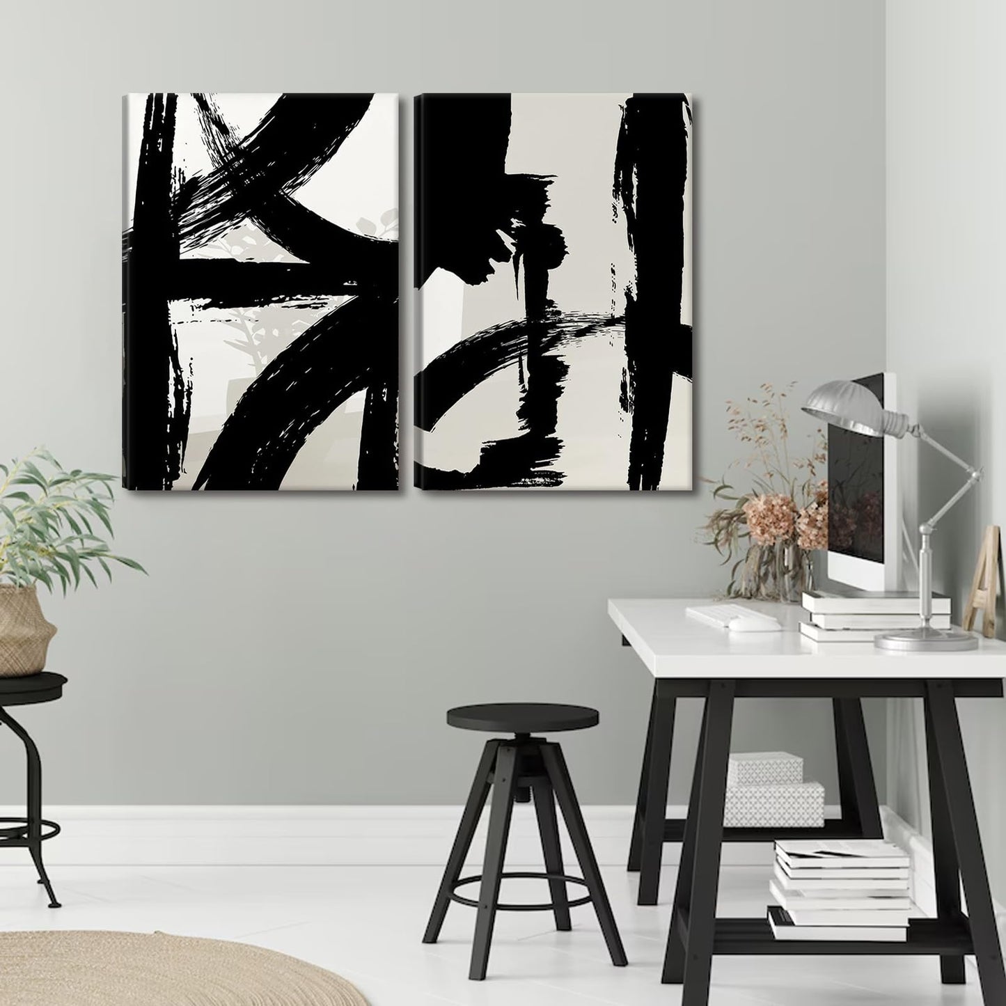Black and White Brush Stroke Canvas Wall Art Modern Abstract Minimalist Ink Line Painting Picture Mid Century Geometric Prints Poster Retro Graffiti Artwork for Office Home Decor 12x16in