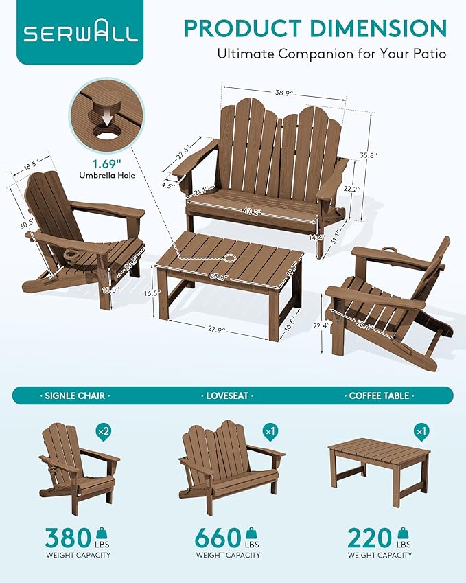 SERWALL 4 Pieces HDPE Patio Adirondack Chair Set, 2 Adirondack Chair