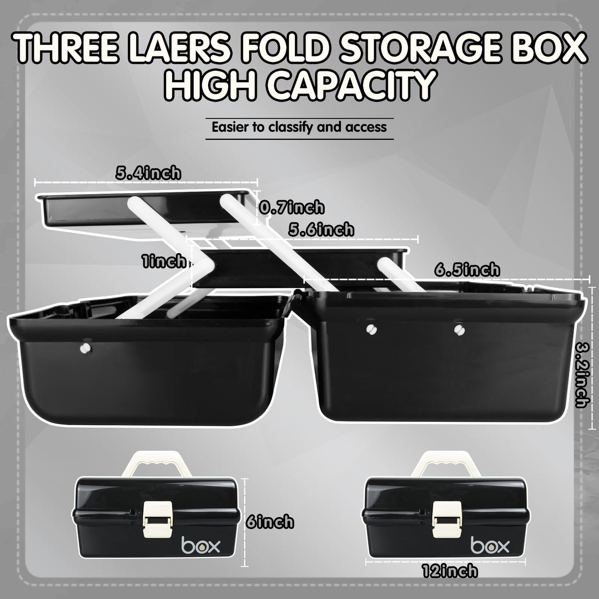 TERGOO 12in Three-Layer Multipurpose Storage Box Organizer Folding Tool Box/Art & Crafts Case/Sewing Supplies Organizer/Medicine Box/Family First Aid Box with 2 Trays (Black)…