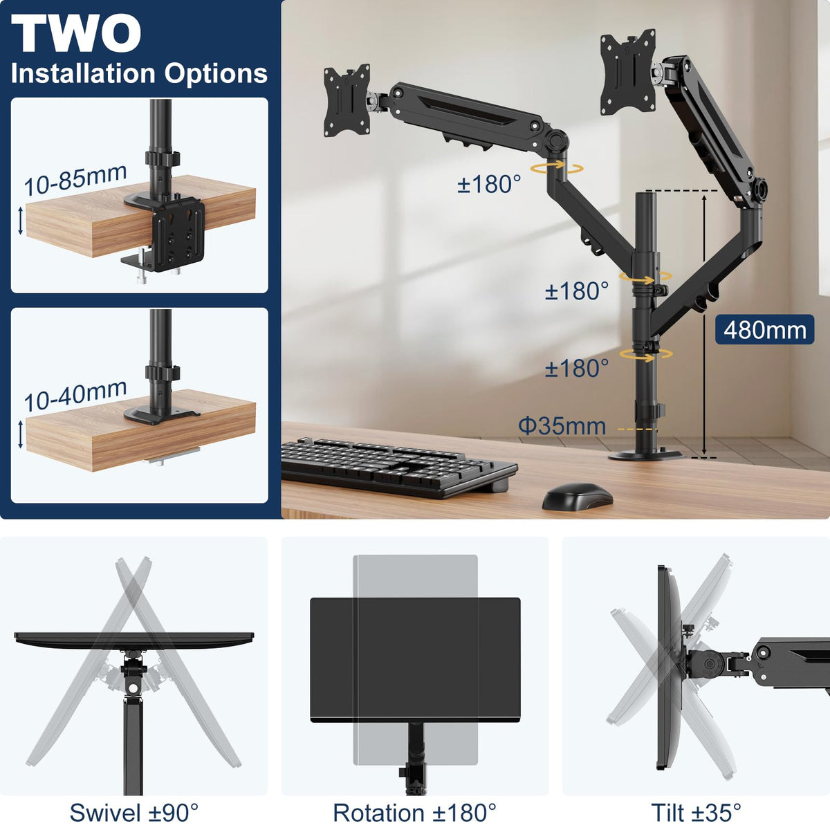 STANDOPIA Dual Monitor Mount for 17 to 40 inches, Holds up to 26.4 lbs, Monitor Desk Arms for 2 Monitors Vertical/Parallel Placement, with Clamp/Grommet Base, VESA Mount 75/100 mm