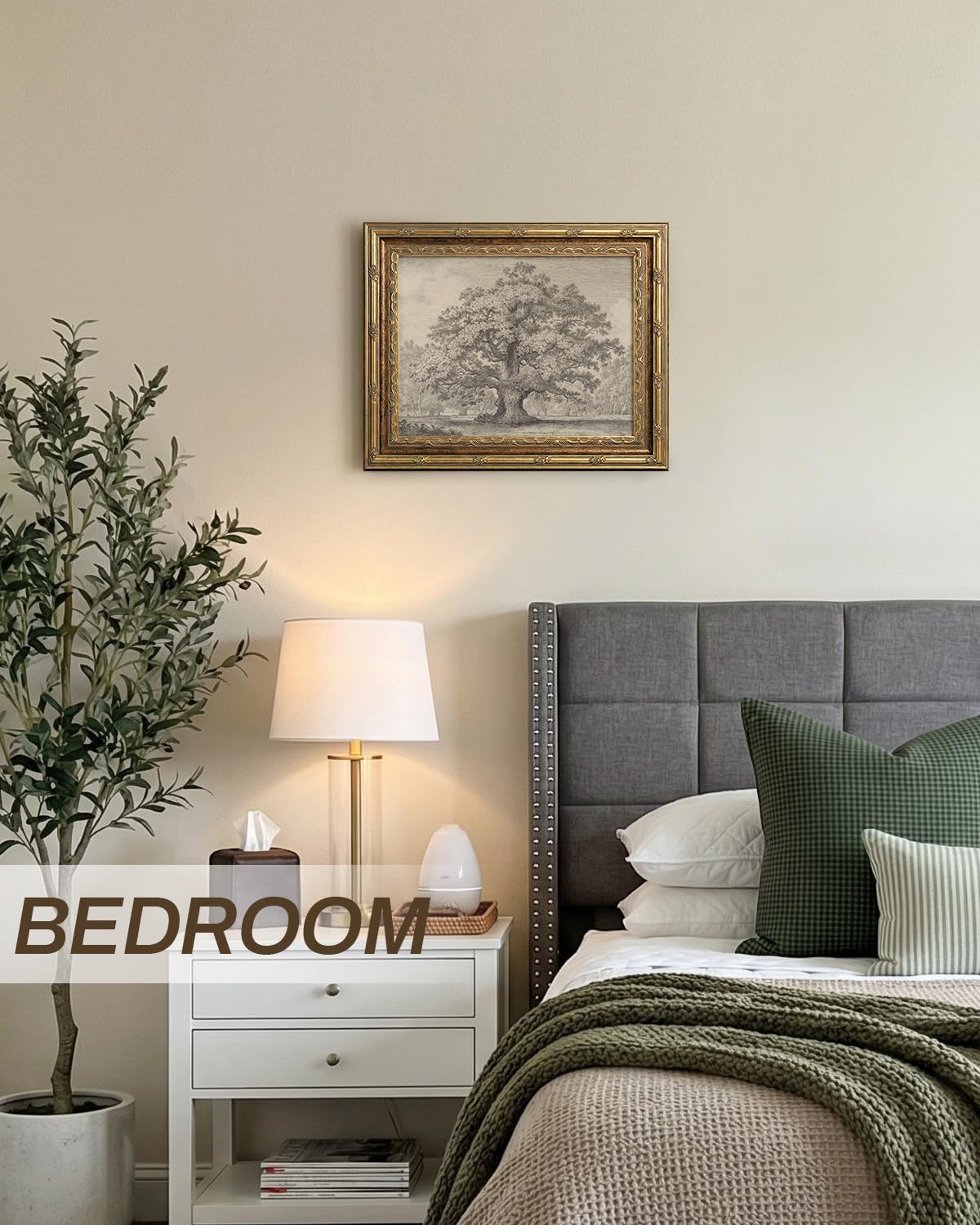 InSimSea 13x16 Gold Framed Vintage Wall Art with Glass, Sketch Oak Tree Landscape Canvas Prints, Rustic Farmhouse Botanical Artwork for Living Room Bedroom Bathroom Office