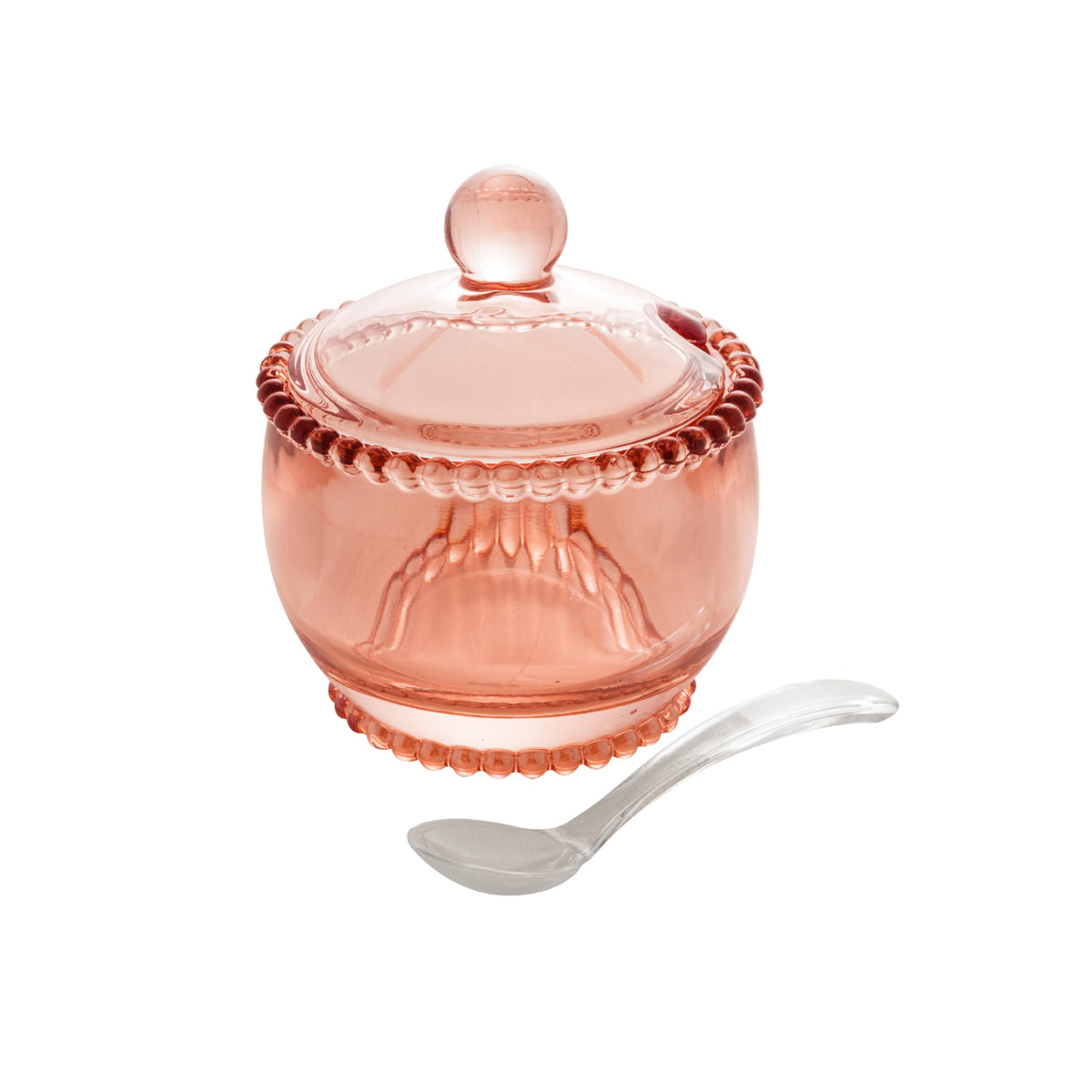 WOLFF - Pearl Crystal Beaded Sugar Bowl with Lid and Spoon - Sugar Holder, Dish for Candy Dispenser, Salt and Condiments Container, Jelly Jar (Pink, Sugar Bowl)