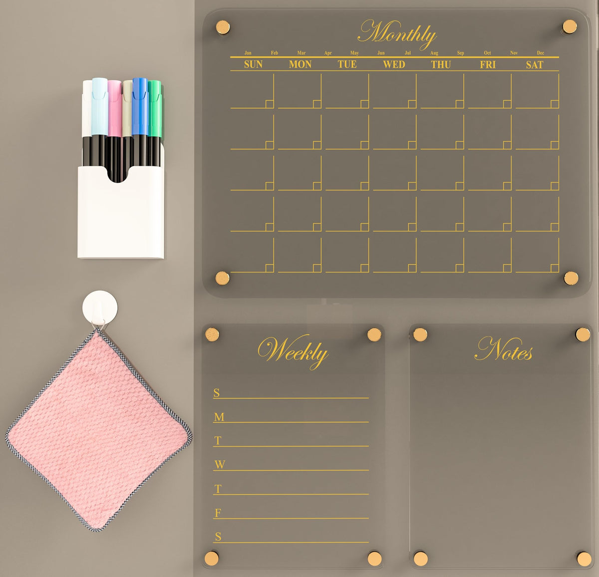 Luxury Acrylic Magnetic Calendar for Refrigerator | Acrylic Calendar for Fridge 12"x16" | 3 Fridge Calendars with Gold Magnets (Monthly, Weekly, and General Notes) | Acrylic Calendar for Wall