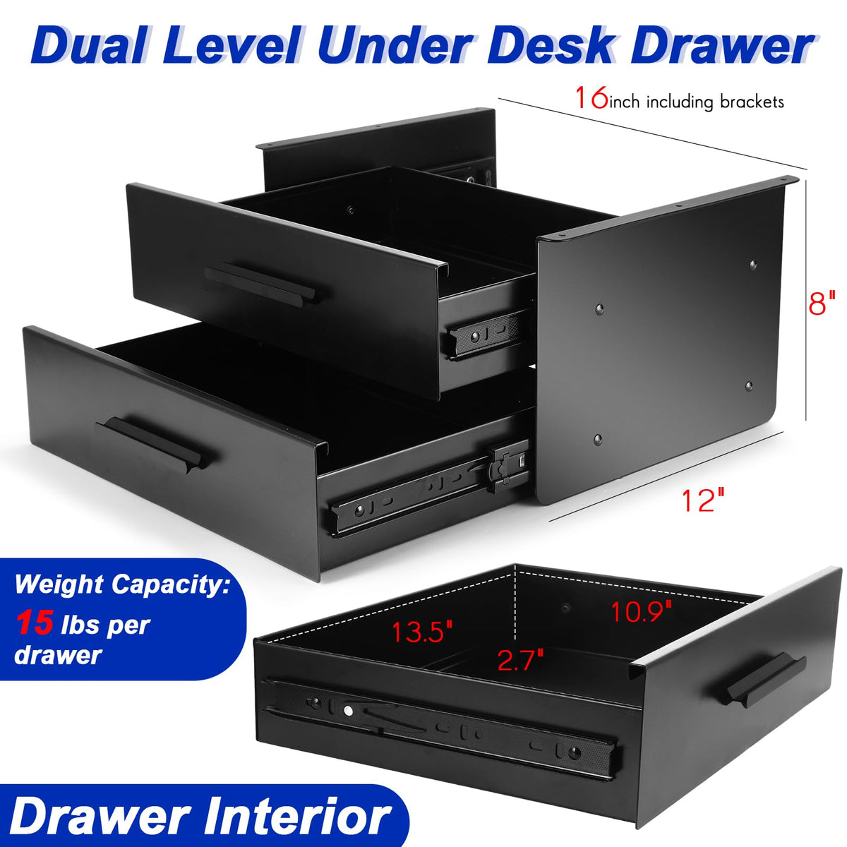 Menkxi 16 inch Under Desk Drawer Storage Pull out Storage Organizer Mounted Metal Sliding Hidden Under Counter Drawer Vertically Stacked for Office Sit Stand Workstation (Black,2 Layer)