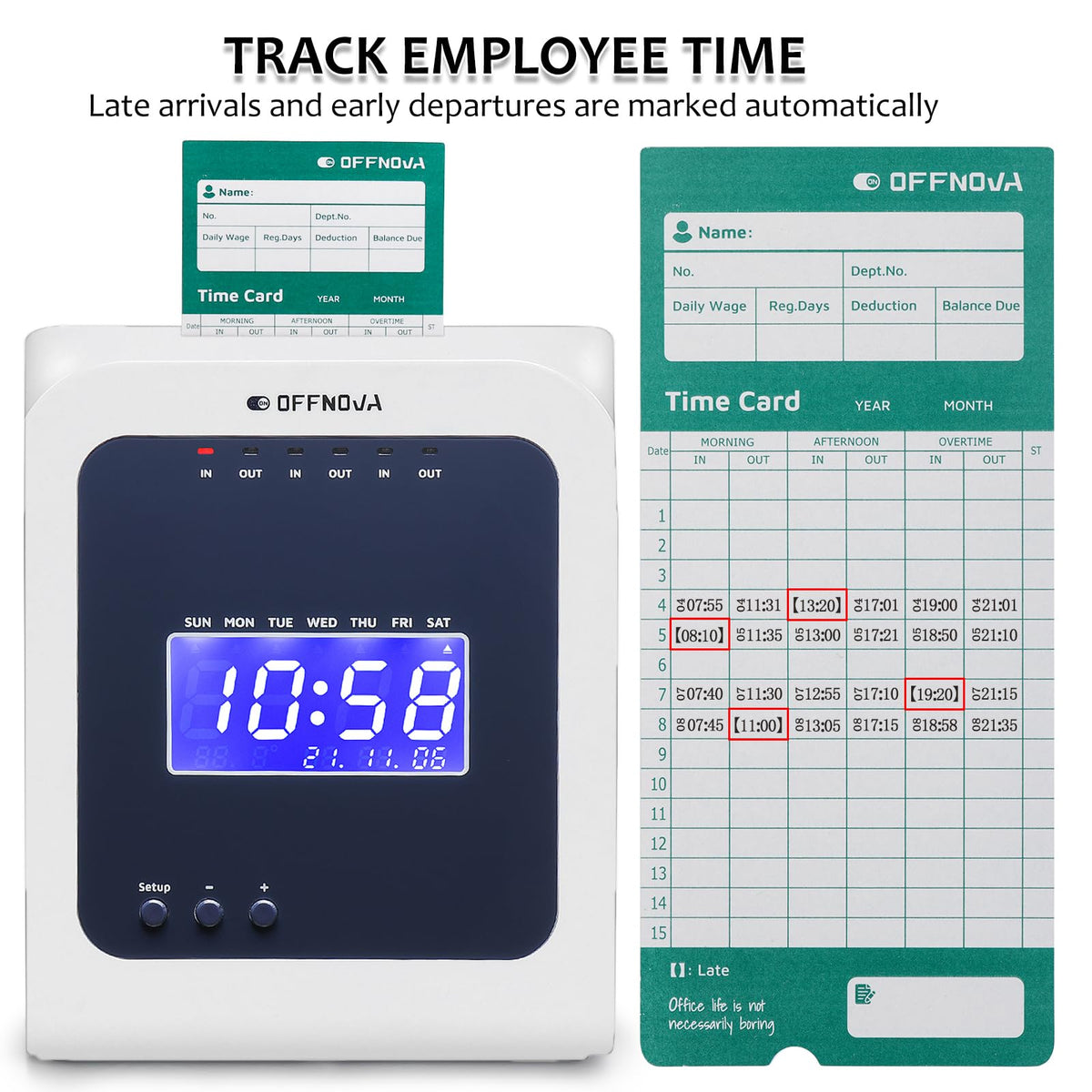 OFFNOVA Thermal Time Clock for Employees Small Business, No Ink Ribbons or Network Needed, in/Out Time Attendance Machine with 50 Time Cards