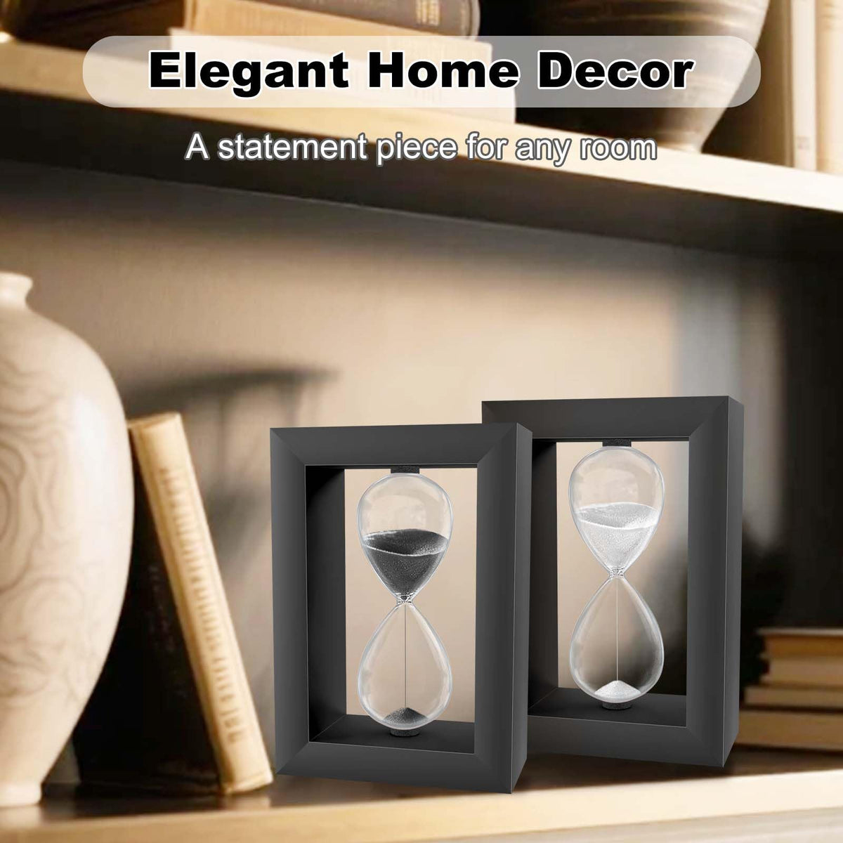 Hourglass Sand Timer, Modern Square Black Wood Sand Clock, Decorative Desktop Hour Glass Sandglass,Reloj De Arena for Office, Home Decor, Kitchen (Black, 10 Minute)