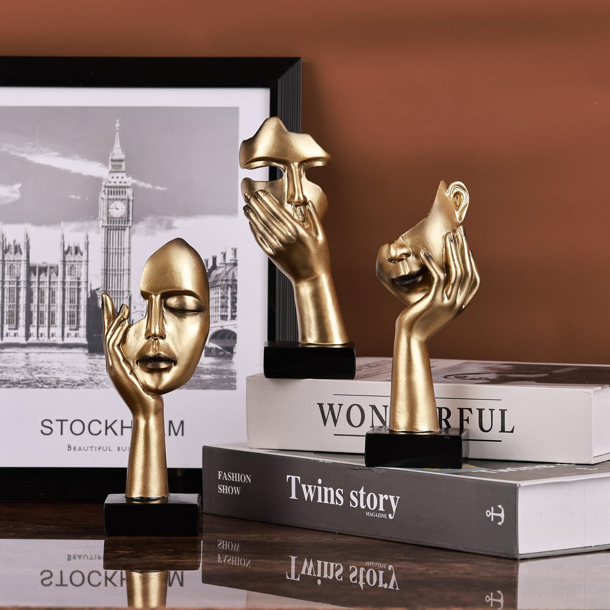 oliruim 3 Pcs Thinker Small Statue Set - Black Gold Home Decor Abstract Art Figurines for Shelves, Living Room Coffee Table, Office Desktop (3 Pcs Gold, 6")