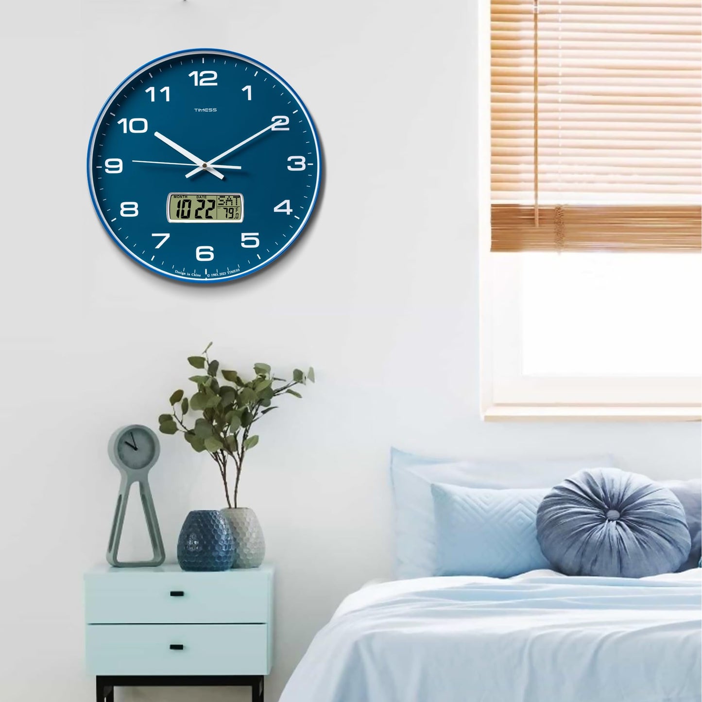 TIMESS Wall Clock, 14" Large Dial Non-Ticking Silent Battery Operated Analog with LCD Display for Perpetual Calendar and F° Temperature, Ideal Modern Home, Bedroom, Kitchen, Office Decor (Blue)