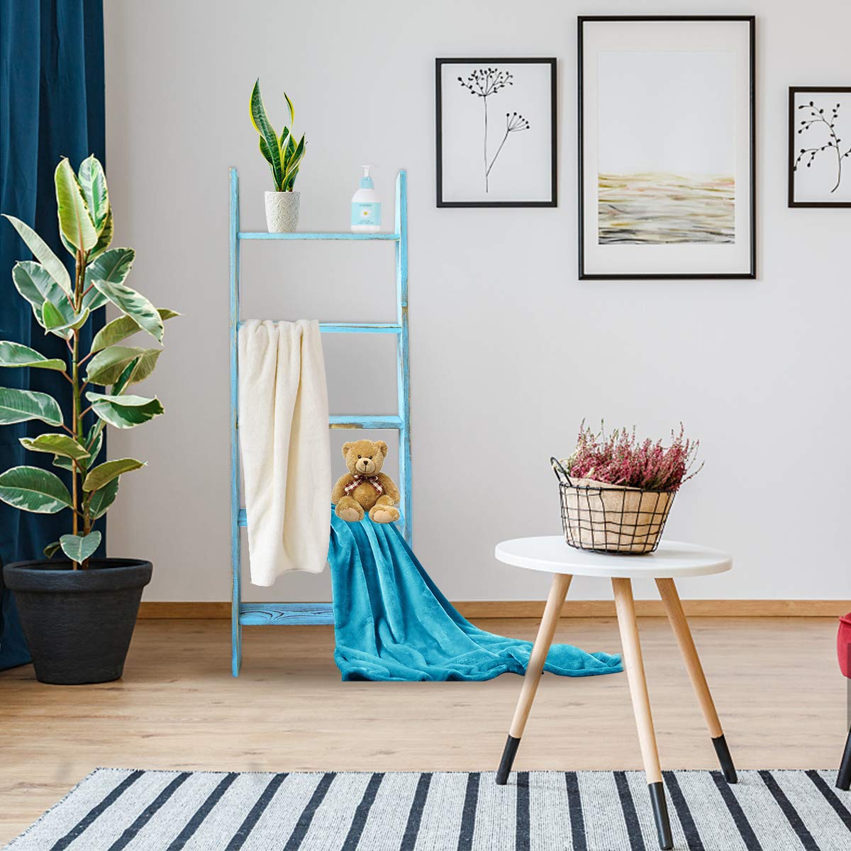Honest Ladders for Living Room, 5-Tier Blanket Holder, Wall-Leaning Rack, Ladder Shelves, Wooden Quilt Ladder, Farmhouse Decor, Blue