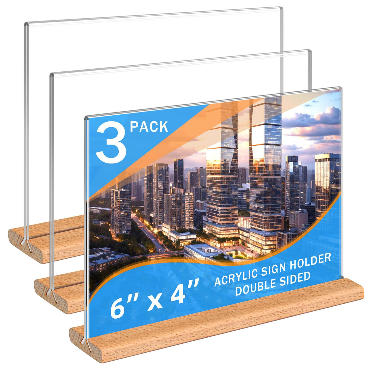Kersally Acrylic Sign Holder 6 x 4, 3 Pack Double-Sided Clear Table Display Stands with Wood Base,Horizontal Acrylic Frame Menu Flyer Paper Holder for Store, Restaurant, Hotel, Office, Show Fair