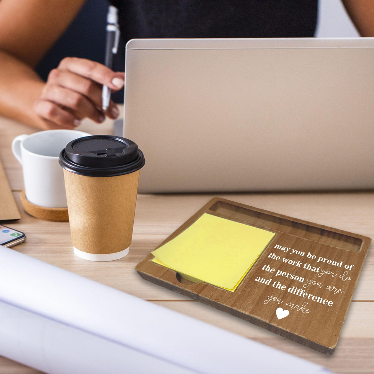Wooden Desk Note Pen Holder, Inspirational Quote with May You Be Proud of, Motivational Decor for Office Home, Definition Work Gifts for Colleague Family Friends-A02