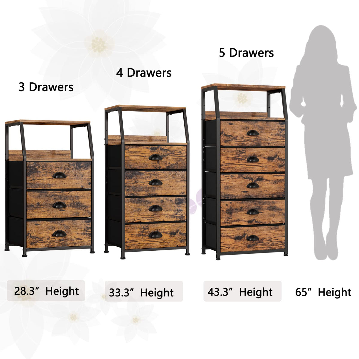 Furnulem Tall 5 Drawers Dresser, Vertical Storage Tower Fabric Dresser for Bedroom, Hallway, Entryway, Nursery, Closet Organizer, Nightstand Bedside Table Furniture, Sturdy Steel Frame, Wood Top