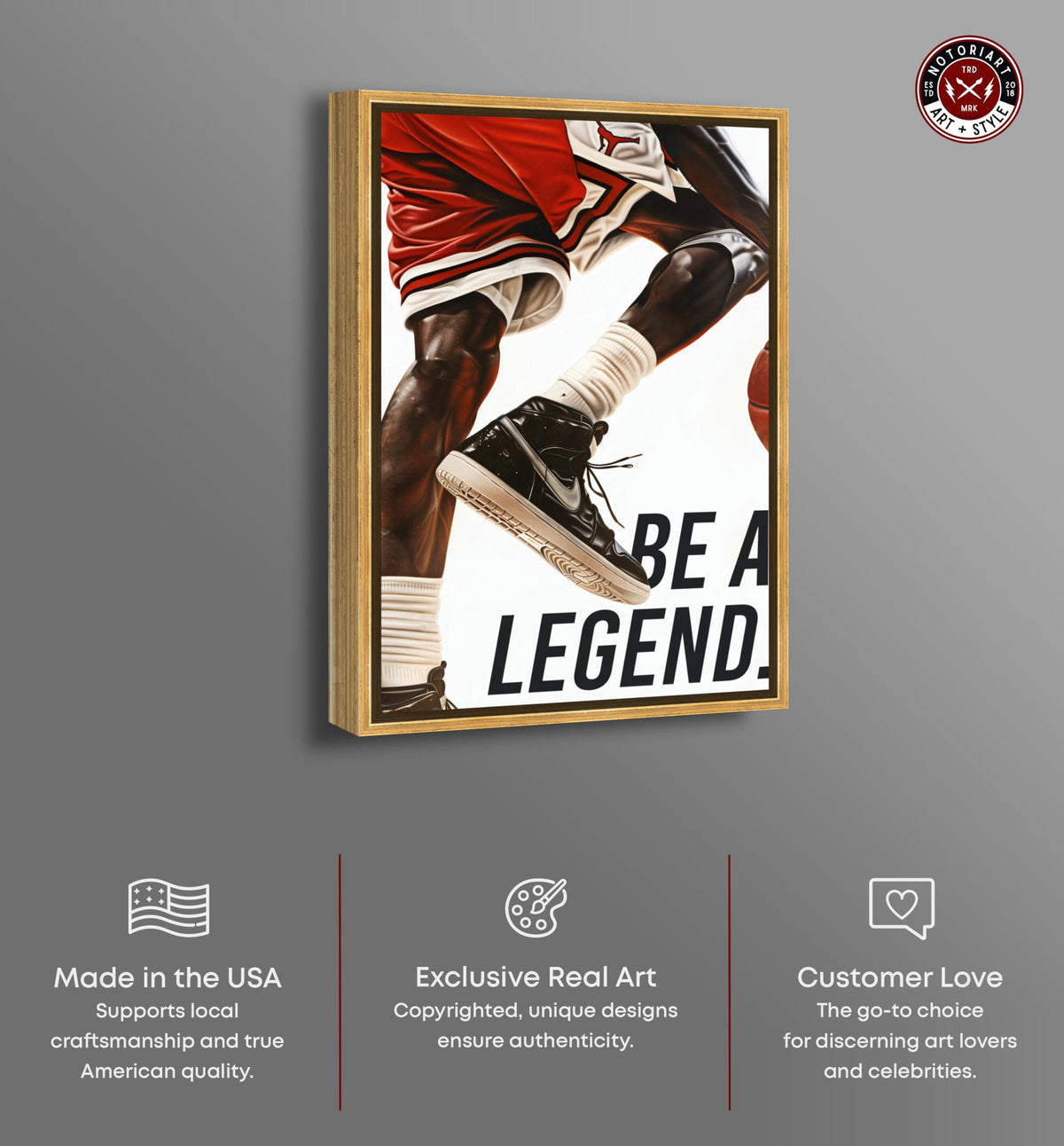 Be A Legend Athlete Motivational Quotes Man Cave Canvas Wall Art by Notoriart, Gold Floater Frame, 36"x54"
