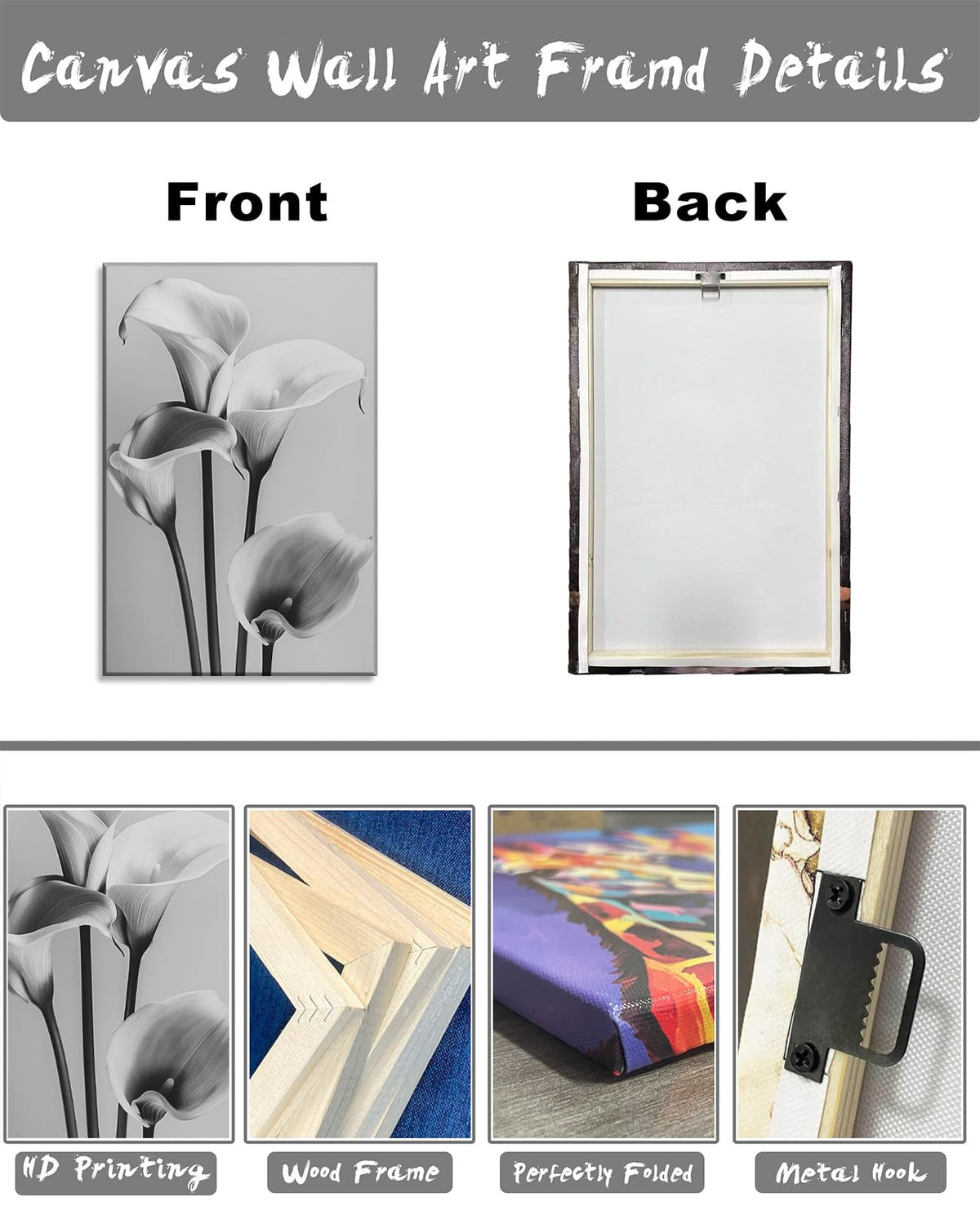 Black and White Flower Wall Art Calla Lily Picture Elegant Floral Canvas Prints Modern Painting Ready to Hang for Bathroom Living Room Bedroom Home Office Decor Framed(Flower-12,12.00"x18.00")