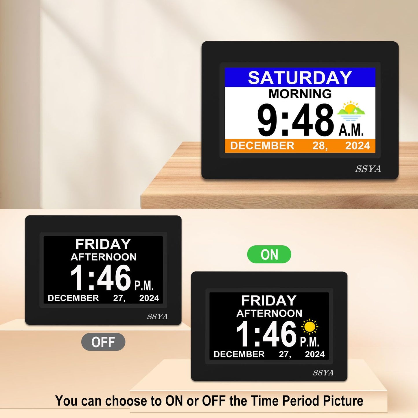 SSYA 7 Inch Calendar Clock - 12 Alarm Options, Level 5 Auto Dimmable Display,Extra Large Impaired Vision Digital Clock with Non-Abbreviated Day & Month (Black)