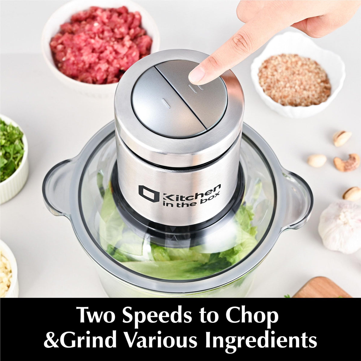 Kitchen in the box Food Processor, Electric Meat Grinder & Food Chopper with 400W Powerful Veggie Chopper-2 Bowls（8 Cup+8 Cup） & 2 Bi-Level Blades for Meat/Fish/Vegetable/Baby Food（Sliver Button）