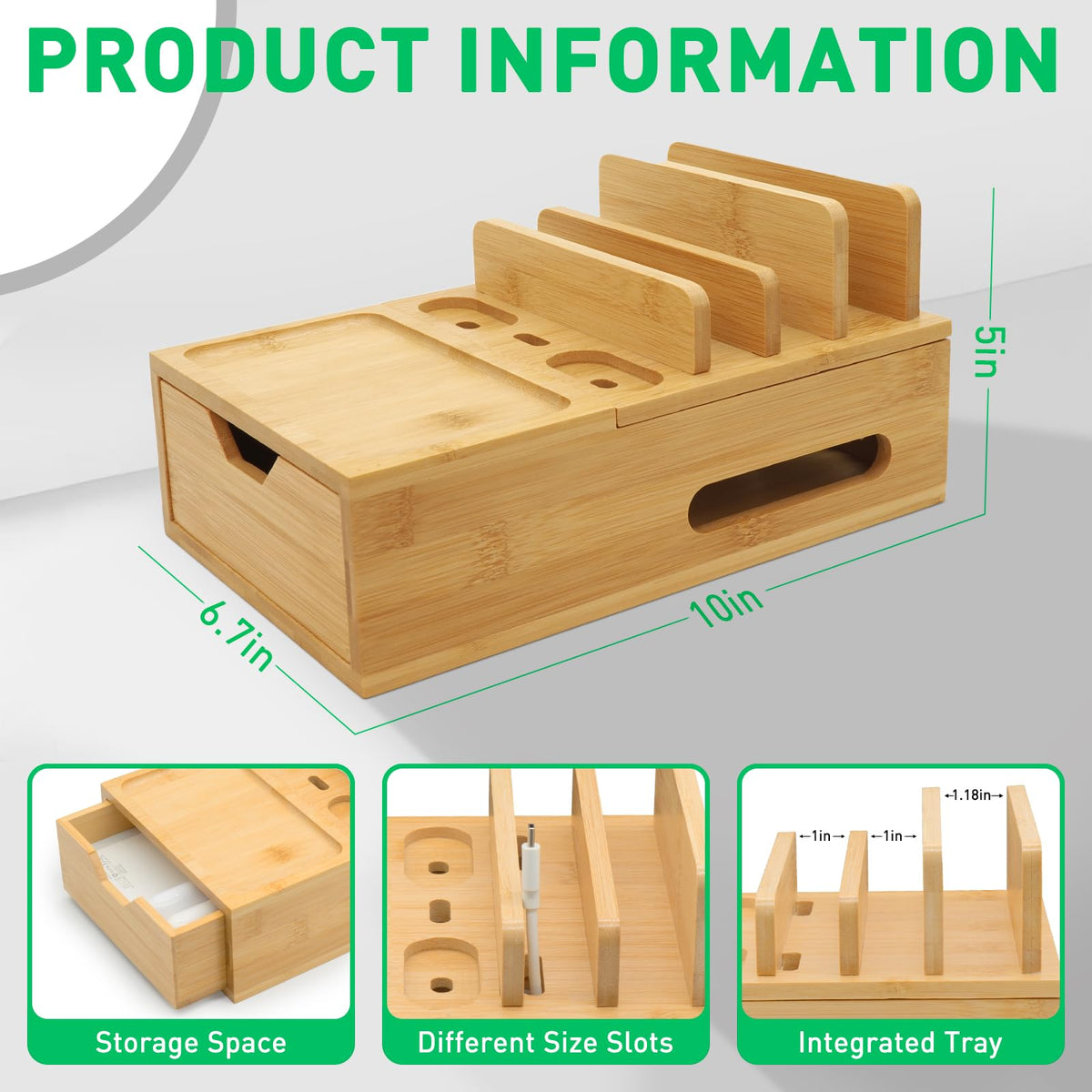 Bamboo Charging Station for Multiple Devices, Desk Charging Organizer with Drawer & Tray, Wood Docking Station for Multi Devices, Cell Phone, Tablet (Included 6 Cables, 5 Port USB Charger)