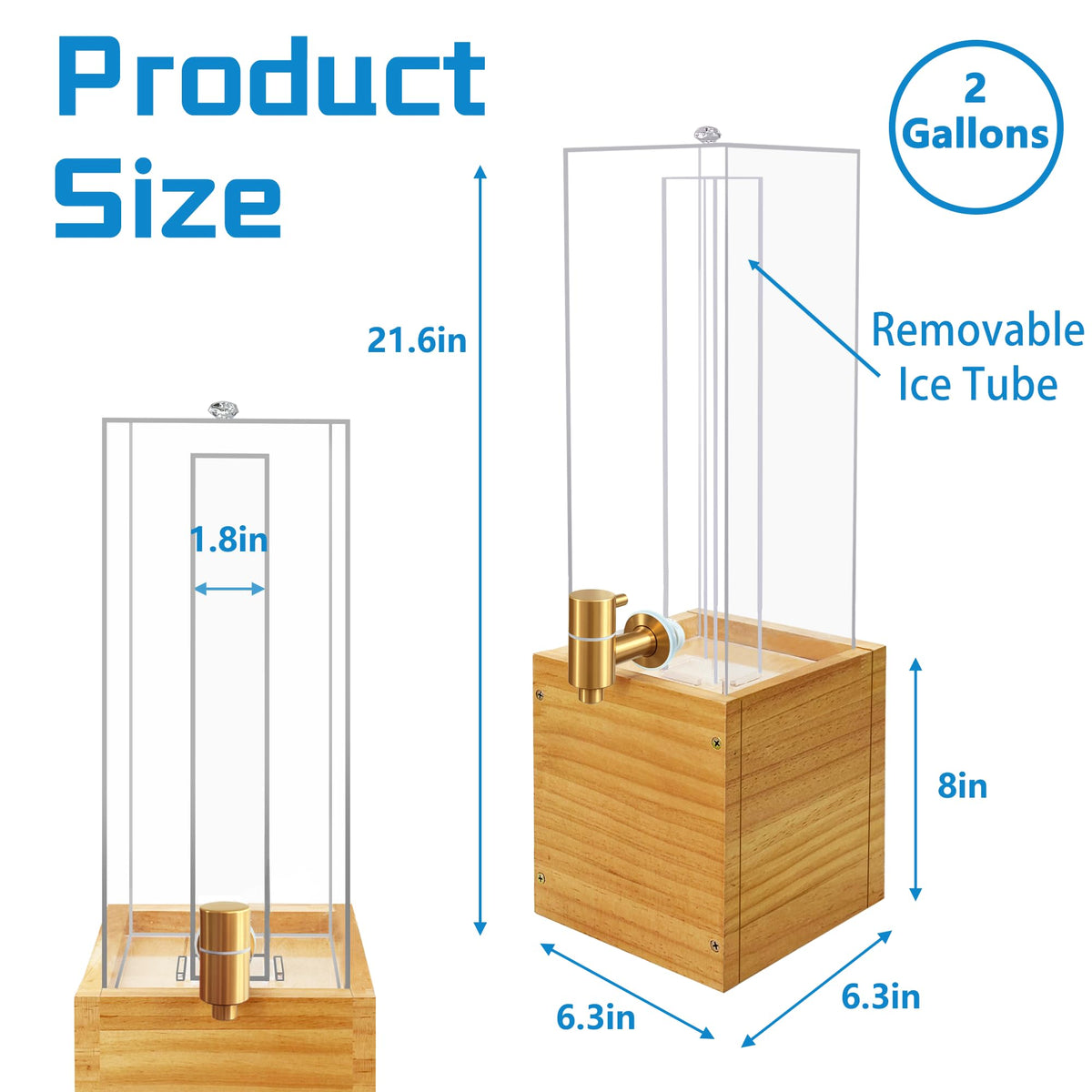 2 Gallon Large Drink Dispenser, Drink Dispenser with Wood Stand, Drink Dispensers for Parties with Ice Core, Beverage Dispenser with Airtight Valve for Water, Punch, Juice
