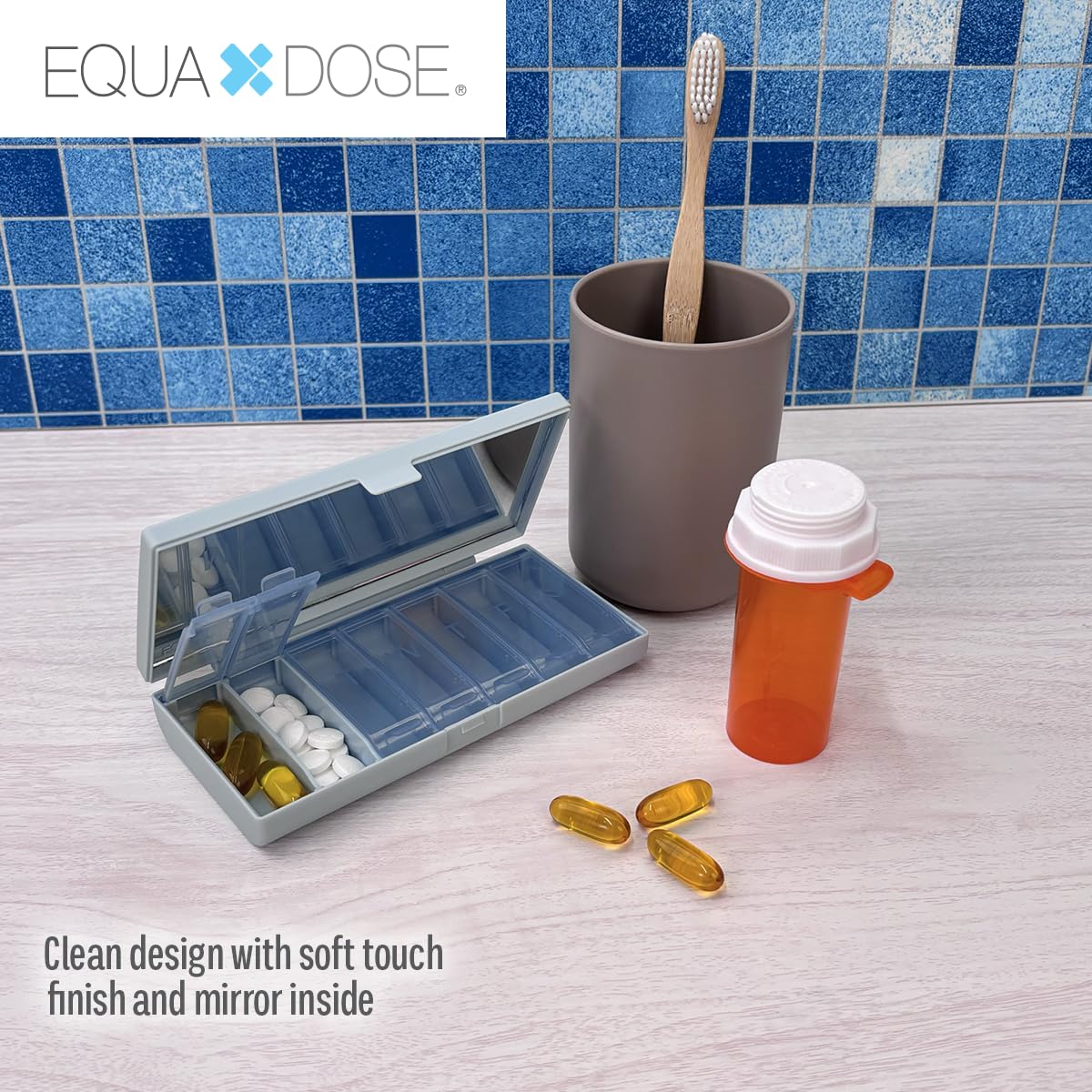 EQUADOSE Weekly Pill Case, 7-Day Medicine Organizer with Mirror, Compact Vitamin Storage Box, Pill Planner, 7 Individual Compartments for Supplements, Tablets, and Medications, Blue